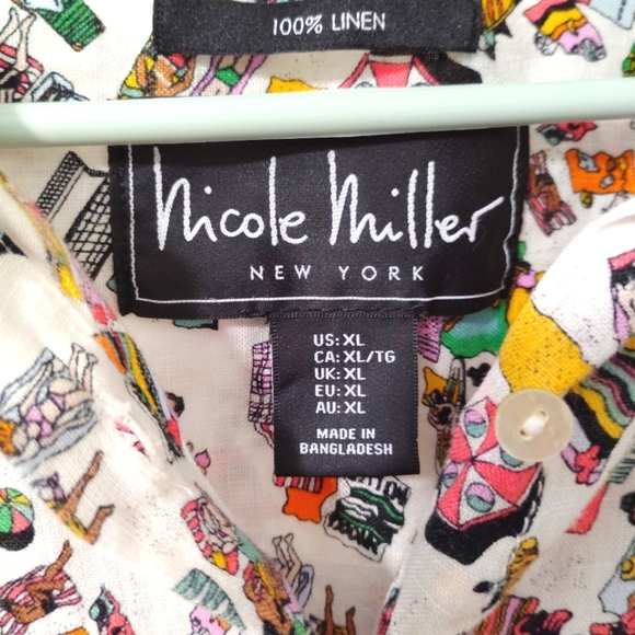 Nicole Miller Linen Summer Top Camp Shirt Button Down Colorful Beach Pattern XL - Picture 2 of 16